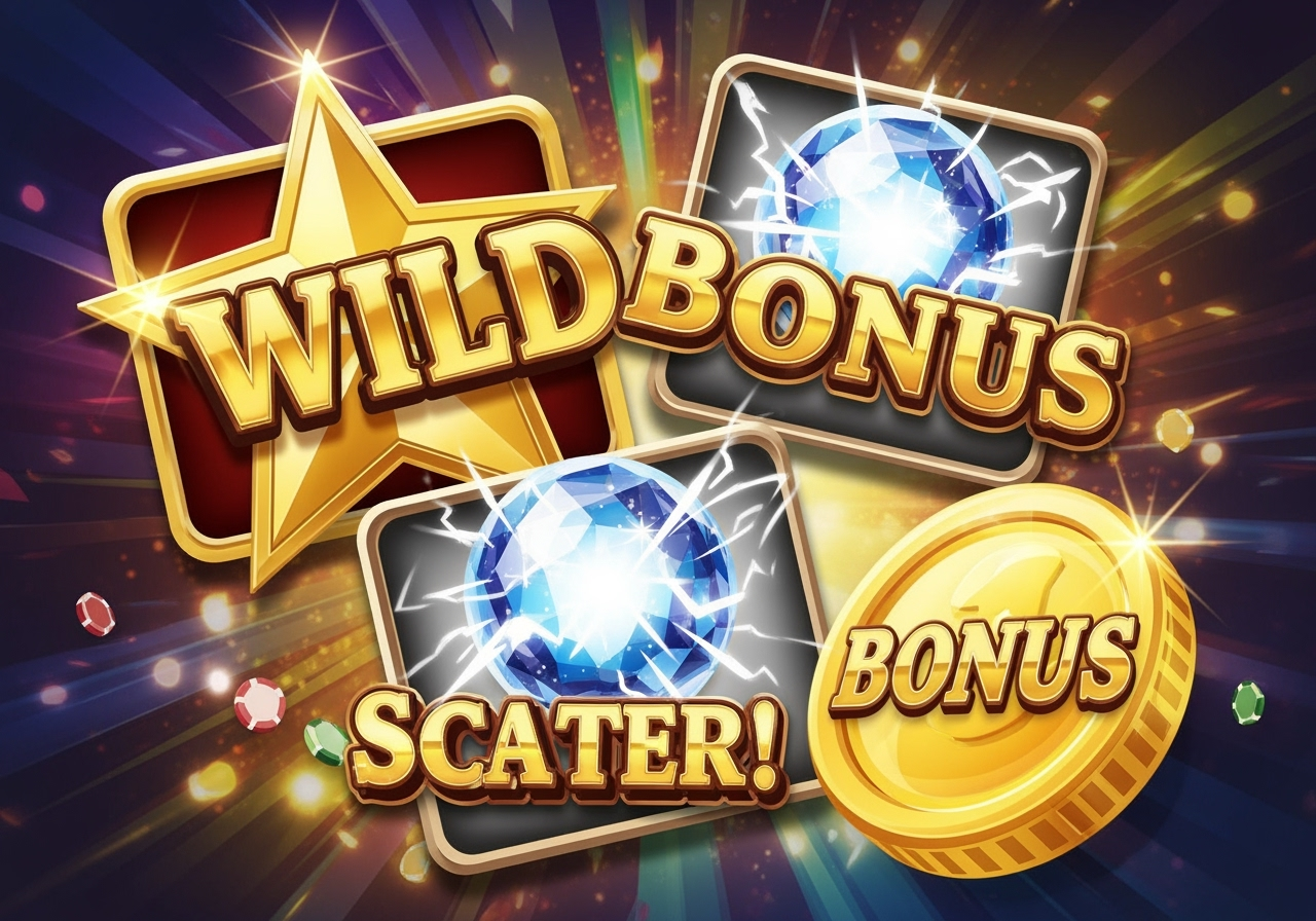 A vibrant illustration showcasing a collection of common slot machine bonus symbols including a shimmering gold wild card with a star a glowing scatter symbol resembling a crystal ball and a spinning coin representing bonus rounds The symbols are stylized with a slight golden glow and an abstract energetic casino background