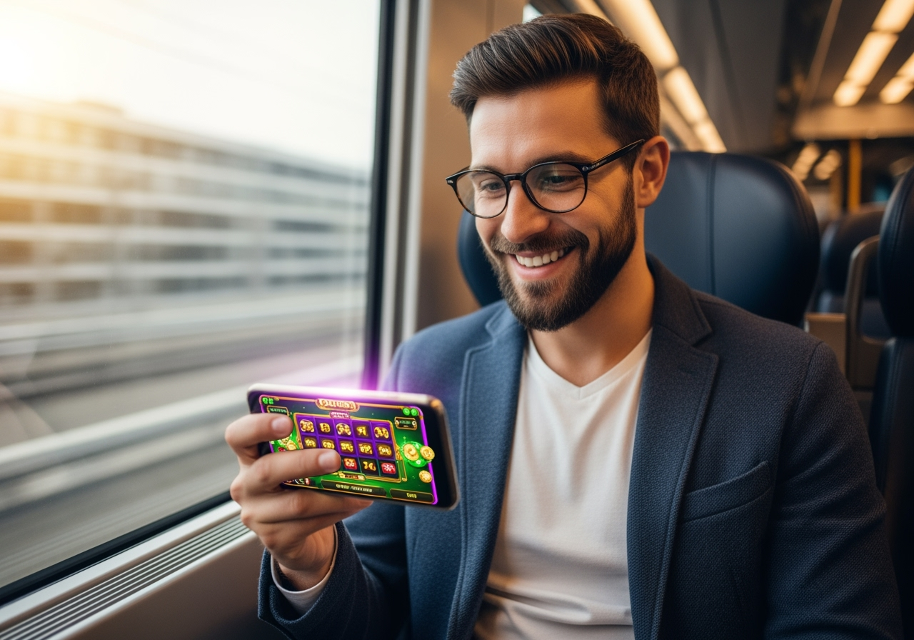 A stylish man in his early 30s sitting in a modern highspeed train smiling as he looks at his smartphone The screen glows brightly suggesting an exciting casino game The background shows a blurred cityscape through the train window conveying a sense of mobility and modern life The atmosphere is vibrant and positive