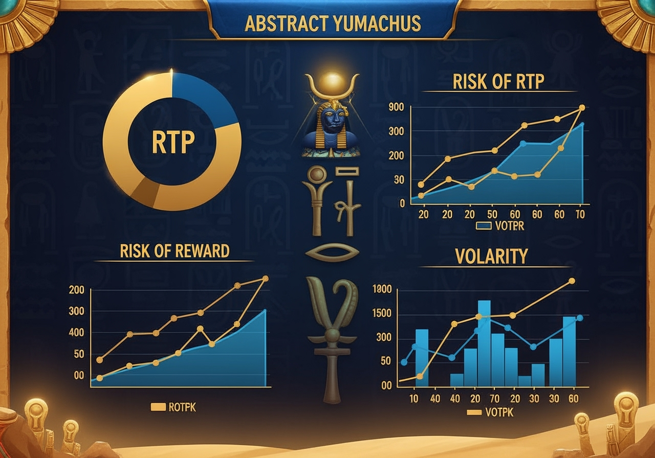 A mystical ancient Egyptianthemed infographic display showing abstract data points for slot machine RTP and volatility Hieroglyphs and symbols are subtly integrated into charts and graphs depicting concepts of risk and reward with rising and falling lines The dominant colors are gold deep blue and desert sand Focus on clear data visualization with an aesthetic nod to the Eye of Horus slot theme