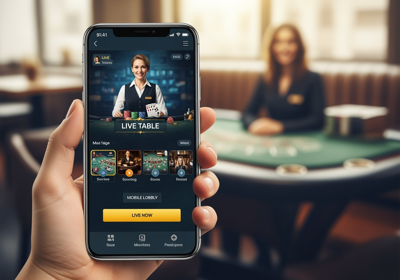 A bright, positive scene showing a smartphone held in one hand displaying a live table interface and mobile lobby elements on screen; warm cafe background softly blurred; clear view of a smiling dealer on the phone display and readable text "Live Table" on the screen; modern phone model, natural lighting, high detail, friendly mood