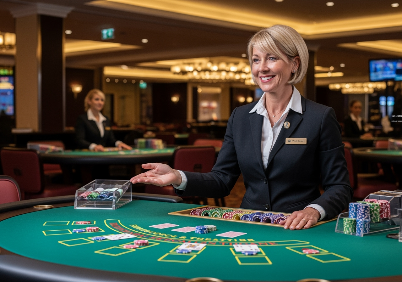 A professional friendly live casino dealer smiling and gesturing towards a vibrant highdefinition live blackjack table seen from a players perspective The scene is brightly lit and energetic showcasing crisp graphics and a luxurious casino environment In the background other blurred live tables suggest a bustling atmosphere