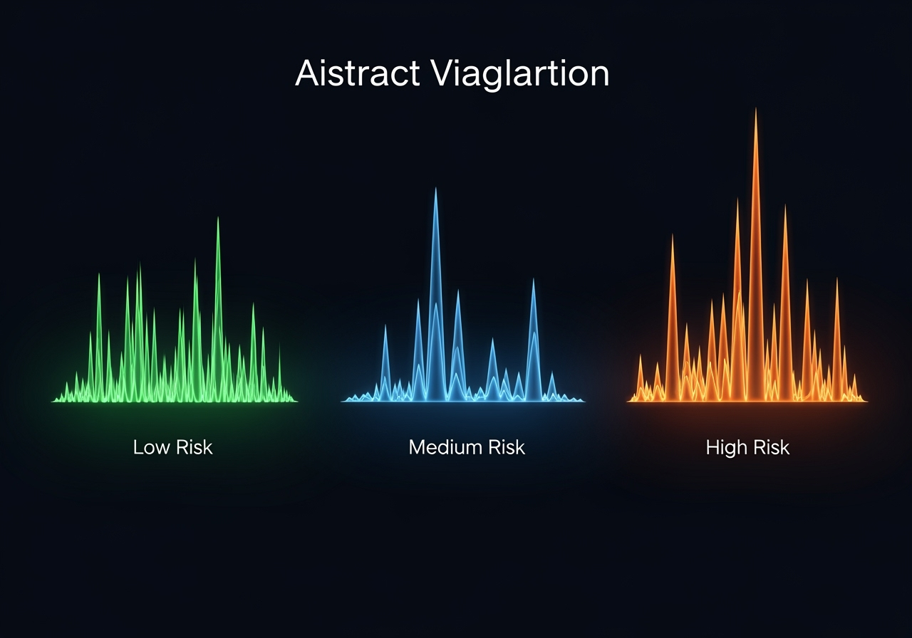 An abstract data visualization showing three distinct soundwavelike graphs on a sleek dark background The first graph representing low risk is a gentle steady wave with many small peaks rendered in a calming green color The second for medium risk has moderate peaks and valleys in a balanced blue The third for high risk is a dramatic spiky wave with very high peaks and deep troughs glowing in a vibrant orange The visualization is clean modern and has a positive informative feel