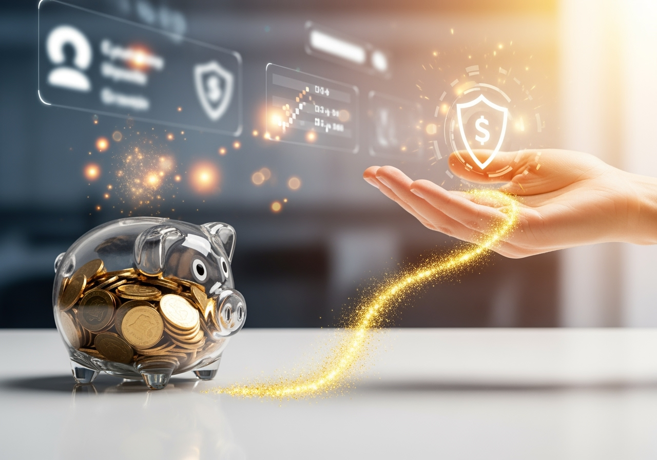 A transparent glass piggy bank filled with gold coins resting on a clean bright surface A clear winding path extends from the piggy bank towards an open hand symbolizing direct and easy access to funds The background features subtle softfocus elements suggesting a secure online environment illuminated by warm inviting light