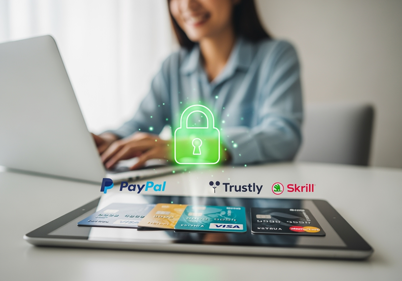 A bright and clean composition showing a variety of credit cards Visa Mastercard and logos for PayPal Trustly and Skrill arranged neatly on a digital tablet screen A glowing green padlock icon hovers over the screen symbolizing secure transactions The background is a soft outoffocus image of a happy person using a laptop conveying trust and ease of use