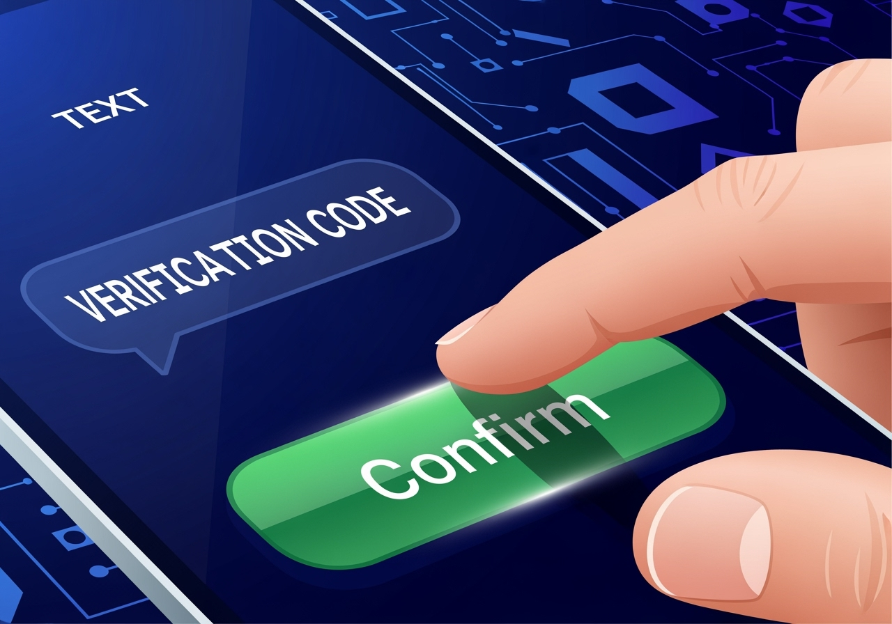 A stylized illustration showing a smartphone screen displaying a text message with a verification code with a users thumb hovering over a confirm button The background features subtle abstract digital patterns emphasizing secure data transmission The image focuses on the action of digital verification