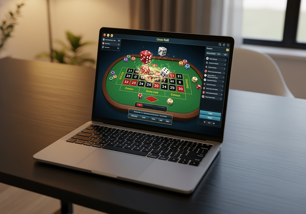 A brightly lit crisp digital display of an online dice game table on a modern laptop showing virtual dice results and betting areas A comfortable inviting home setting with a warm ambient glow is subtly visible in the background conveying ease and privacy of online play