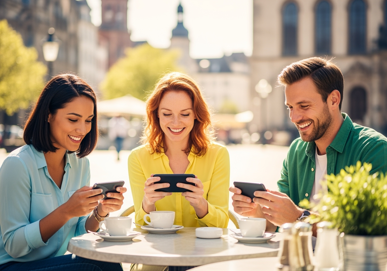 A bright, optimistic scene of three diverse adults sitting at a sunny outdoor café in a German city, smiling as they casually play slot-style games on their smartphones. Modern clothing, warm natural light, vibrant colors, and a positive, social atmosphere. Emphasize mobile convenience and relaxed, friendly enjoyment