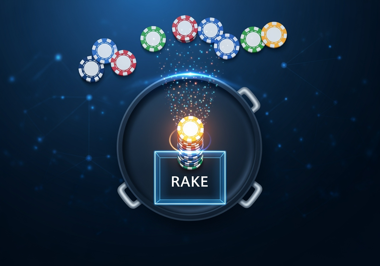 An sleek modern infographic displaying a digital poker table from a topdown view In the center a glowing pot of poker chips has a smaller highlighted stack of chips being digitally siphoned off into a transparent box labeled RAKE The background is dark blue with subtle networklike light patterns emphasizing the online nature of the game The overall aesthetic is clean professional and illustrative