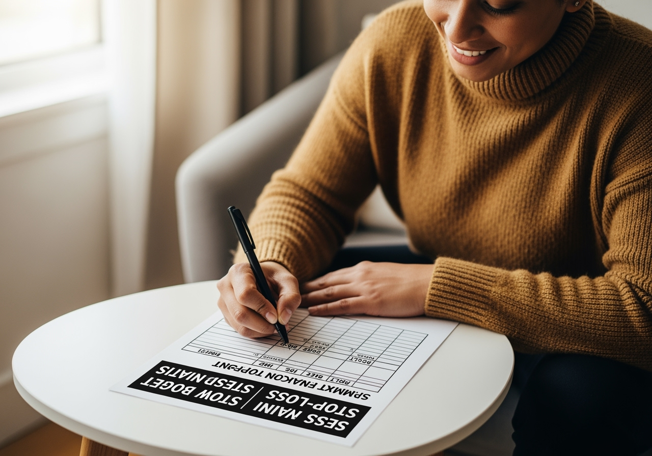A warm, professional scene of a person at a small table filling a paper tracking template labeled "Session Budget", "Stop-Loss", "Max Units". The paper shows a sample tracking table with columns: Time, Bet, Stake, Result. The person smiles and uses a pen. Soft natural light, clean modern interior, positive mood