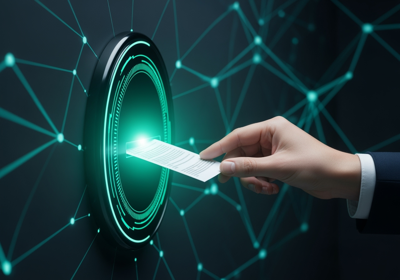 A professional hand inserts a meticulously prepared document into a secure stylized digital portal The portal emanates a soft reassuring glow symbolizing safe data transmission In the background subtle interconnected lines form an abstract representation of a robust and trustworthy system emphasizing security and compliance The overall atmosphere is modern clean and highly secure suggesting a reliable application process