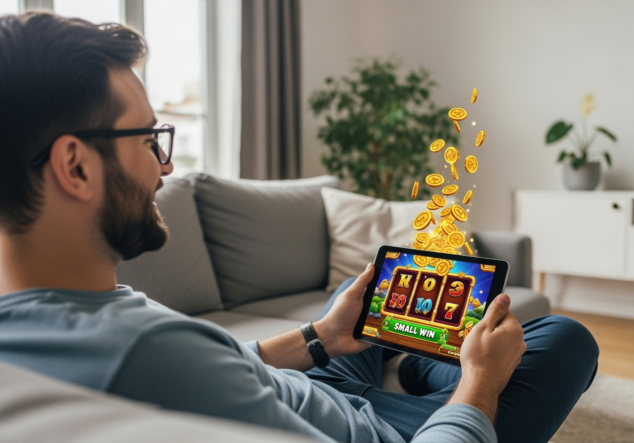 A cheerful man in his late 30s with glasses relaxing on a modern grey couch and holding a tablet The screen displays a vibrant cartoonish slot game with a Small Win notification and a shower of gold coins The living room is bright and airy with a large window and a plant in the background conveying a sense of casual lowstress entertainment