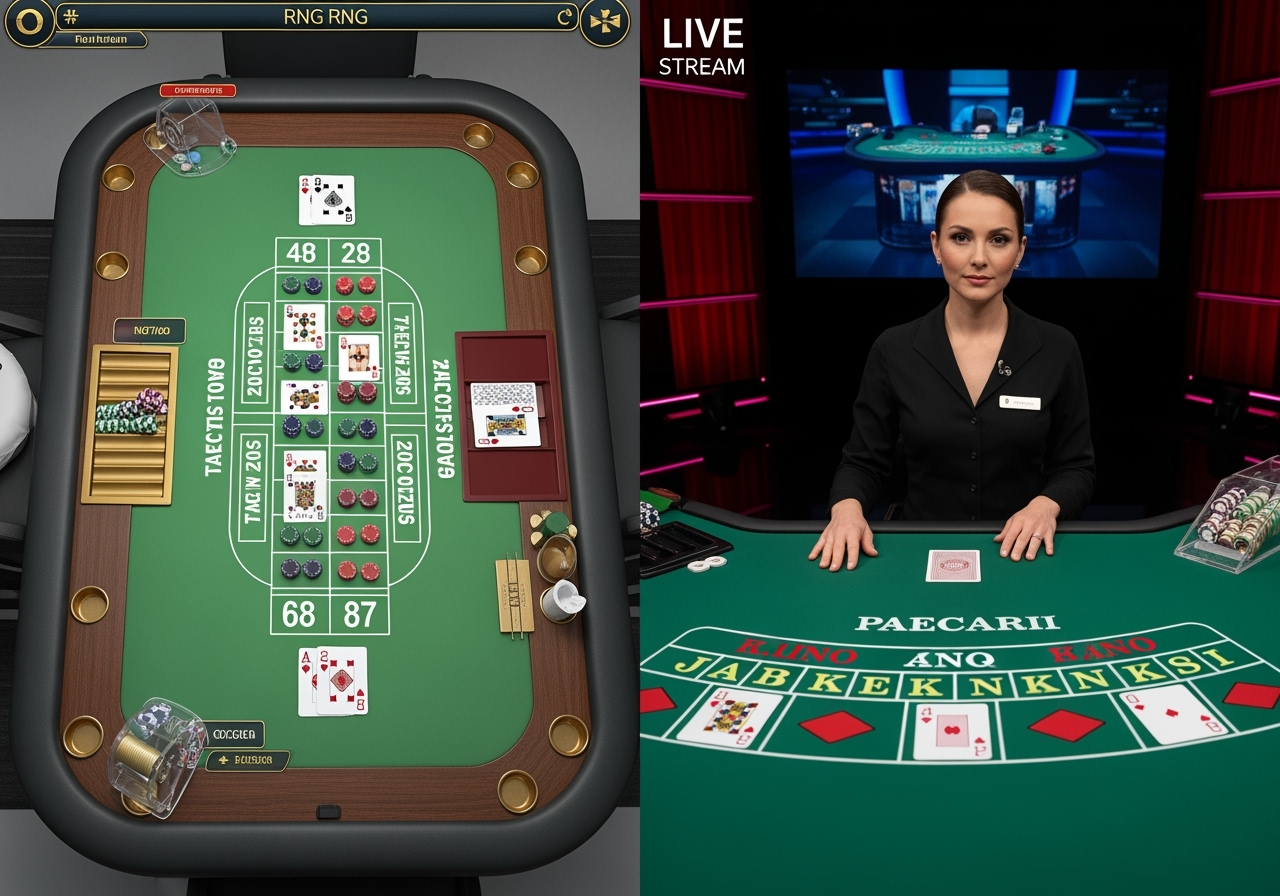 A split image one side showing a clean digital interface of an online RNG baccarat game table with virtual cards and betting areas The other side shows a live stream screenshot of a real baccarat table with a human dealer physical cards and a studio background Both sides should be clearly identifiable as distinct online game types emphasizing the contrast in visual style and interactivity