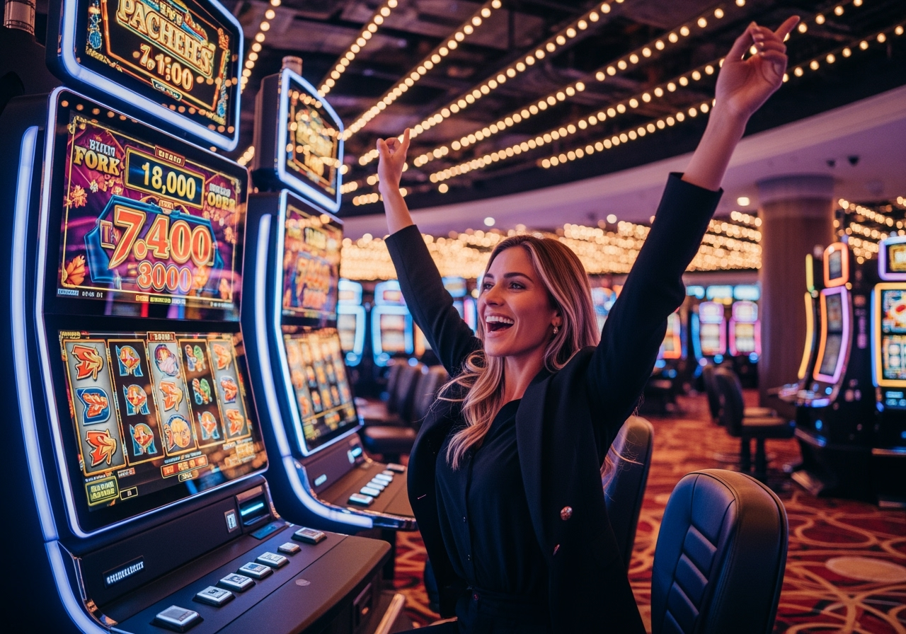 A joyful person in their late 30s likely from Austria celebrating a big win on a vibrant slot machine Their hands are raised in excitement and the slot machine screen displays a large jackpot amount and dynamic winning animations The background is a modern casino floor with blurred lights conveying excitement and success