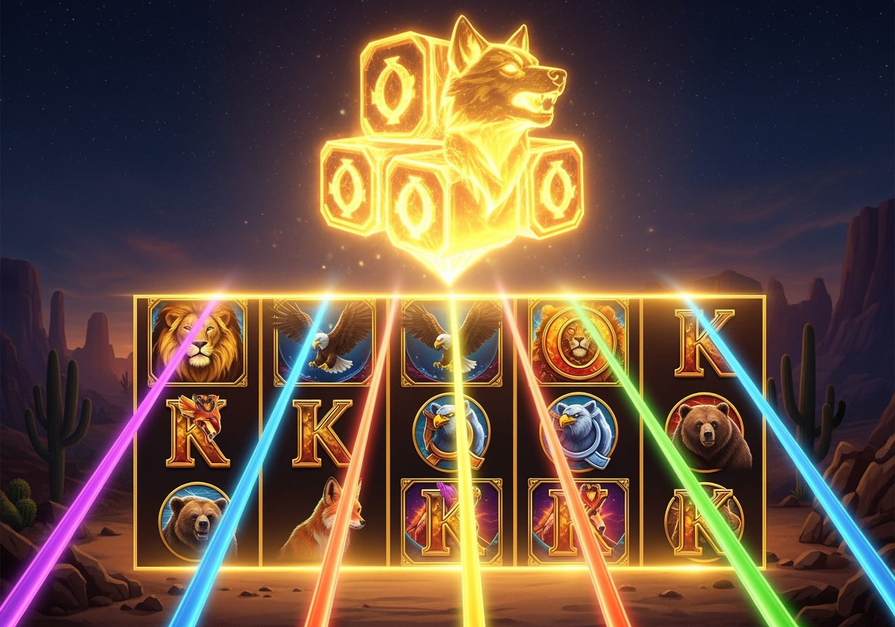 A dramatic night desert scene with a giant 3x3 golden wolf symbol hovering above three central slot reels; the glowing wolf casts light across stacked animal symbols while multiple paylines illuminate to show several connected wins. Cinematic lighting, warm tones, high detail, celebratory mood