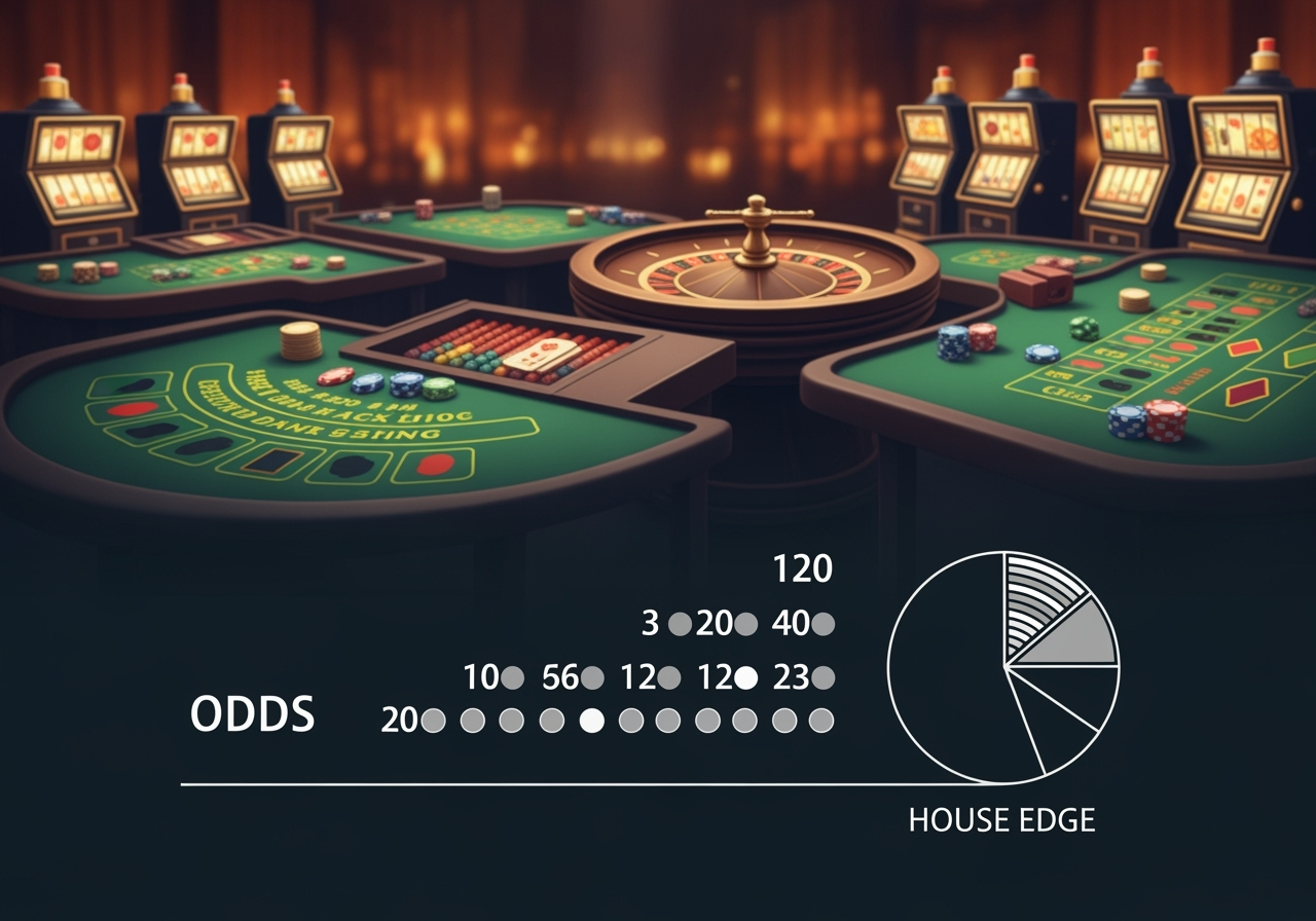 A vibrant and professional illustration showing various casino games such as blackjack tables a roulette wheel and slot machines subtly blending into the background In the foreground a clear stylized graphic represents odds or house edge with data points or a simple pie chart suggesting strategic decisionmaking The overall scene is energetic but sophisticated with no specific casino branding designed for a German expert audience