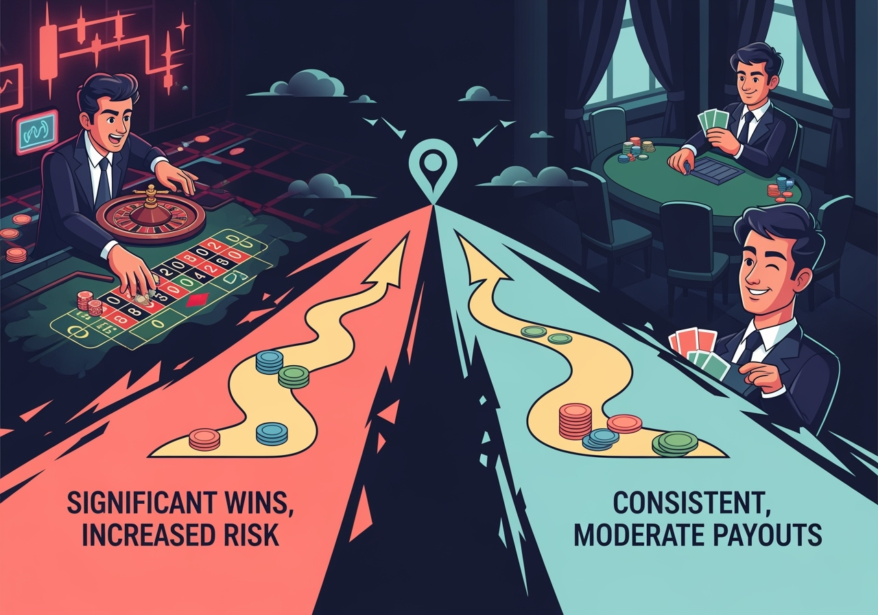 A dynamic illustration showing two paths diverging one representing Significant Wins Increased Risk and the other Consistent Moderate Payouts The Significant Wins path shows a player with a determined expression while the Consistent path shows a player with a relaxed satisfied expression The background subtly implies a casino environment