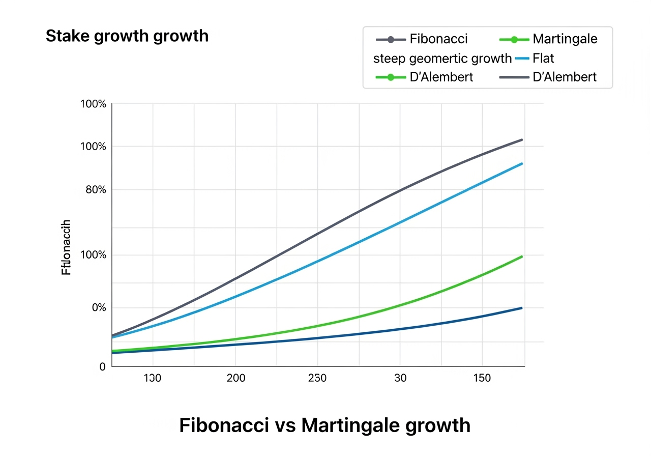 A clean, professional chart comparing stake growth curves for different betting systems: labeled lines for "Fibonacci" (moderate growth), "Martingale" (steep geometric growth), "Flat" (flat line), and "D’Alembert" (mild linear growth). Include a clear legend, gridlines, and the exact caption text "Fibonacci vs Martingale growth" at the bottom. Bright, optimistic color palette with blue and green tones, high resolution, simple background