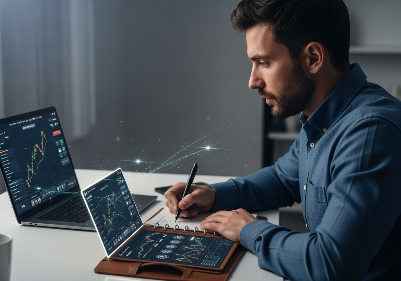A focused player in their 30s sitting at a desk with a laptop displaying a complex game interface They are holding a pen making notes in a ledger with financial charts and symbols The atmosphere is strategic and calm not frantic with subtle glowing lines representing data flow